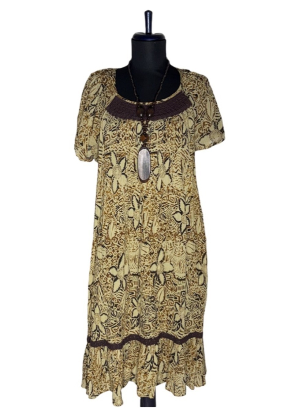 Vintage boho dress hippy gauze cotton paisley floral brown crocheted cottage S